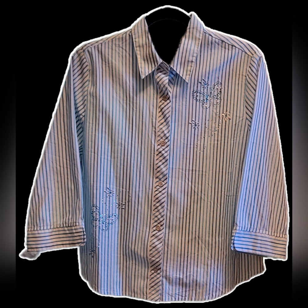 Alfred Dunner 14P 3/4 Sleeve Button Down Blouse Shirt Stripe Aqua Blue Butterfly